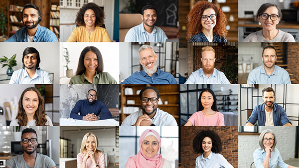 A grid of multiple people of different ethnicities smiling at the camera